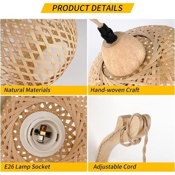 Bamboo Lantern Plug in Wall Sconces Wicker Wall Lamp with Plugin Cord Hand Woven - Picture 5 of 7